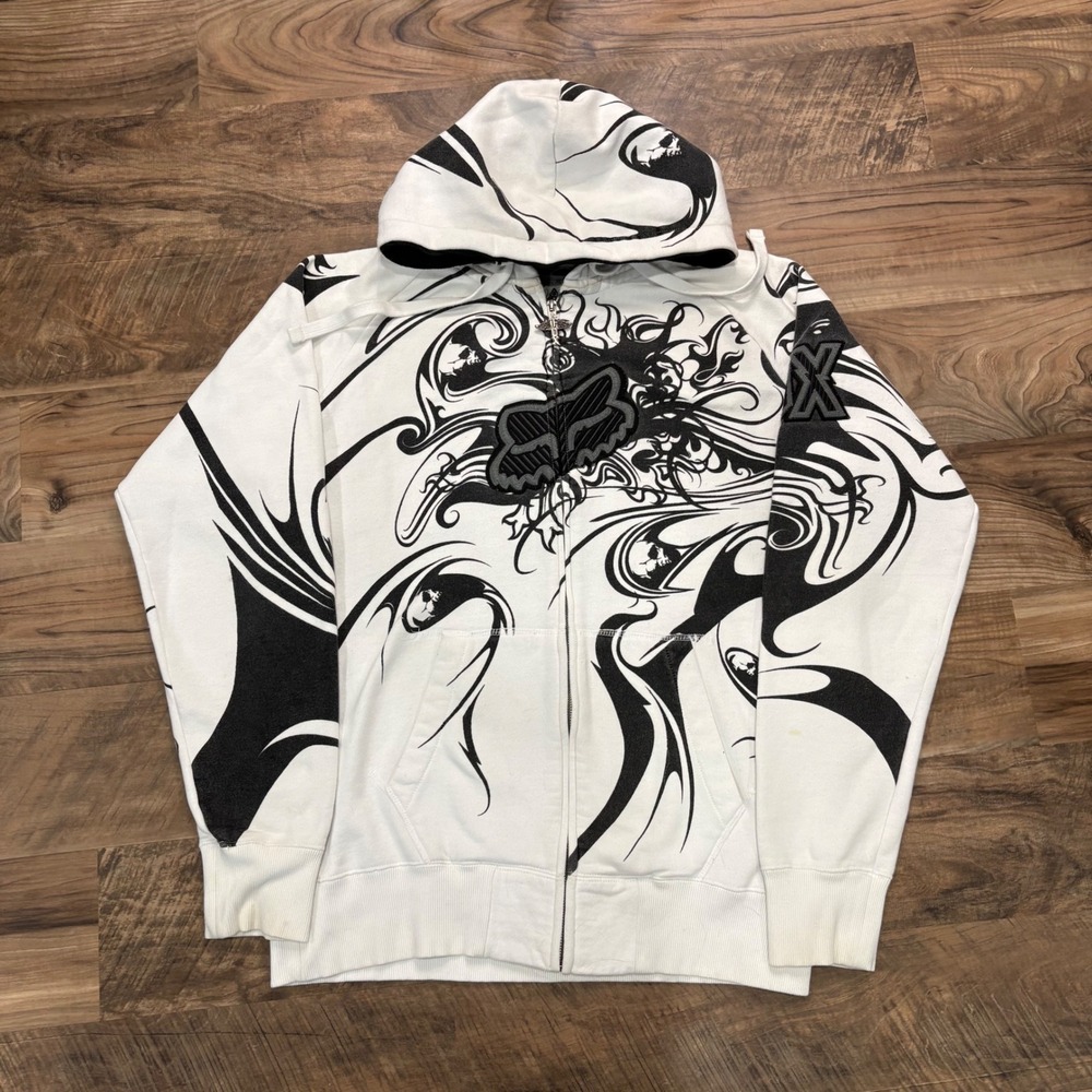 Vintage Y2K Fox Racing Hoodie Mens L White AOP Skulls Tribal Zip Up Sweatshirt